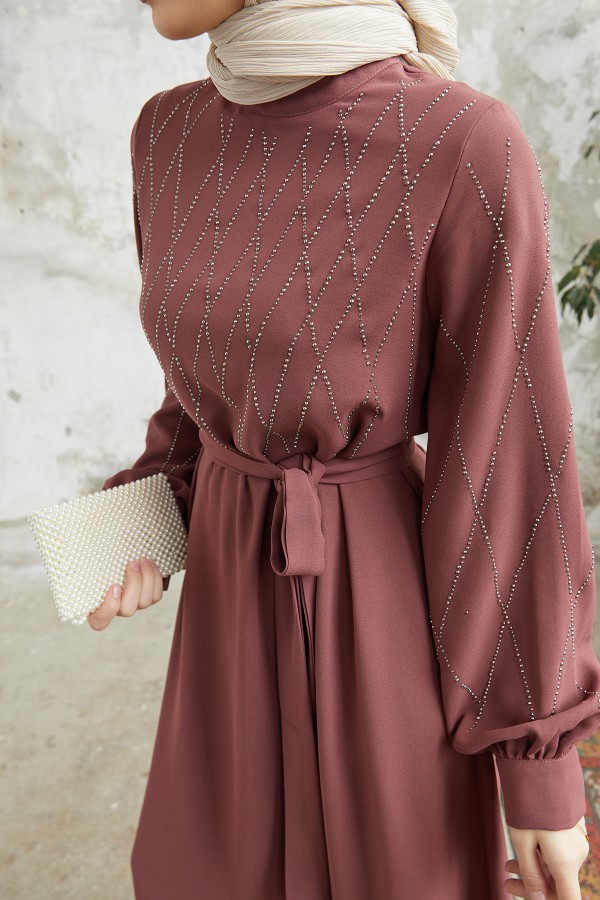 Pera Taşlı Elbise - Gül Kurusu