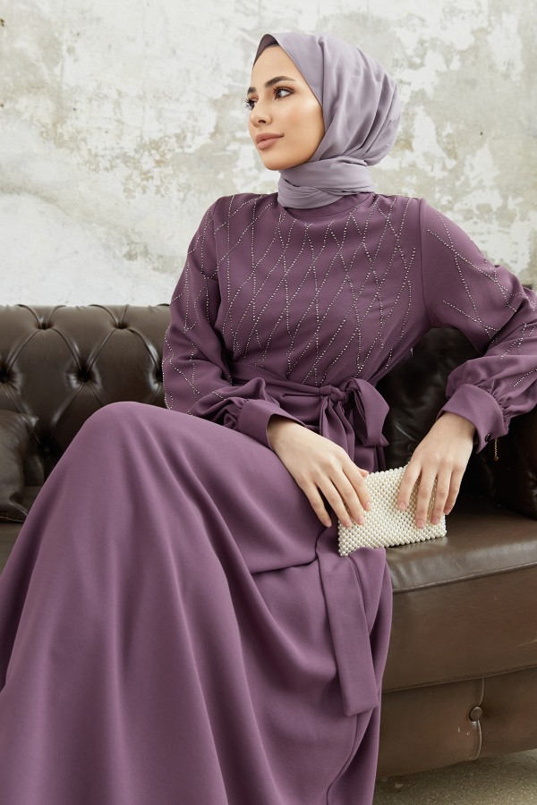 Pera Taşlı Elbise - Leylak