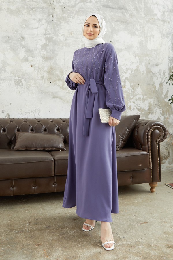 Pera Taşlı Elbise - Lila