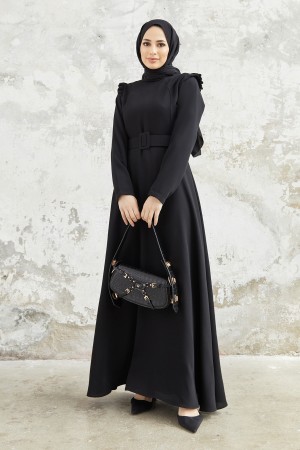 Omuz Volanlı Kemerli Elbise - Siyah
