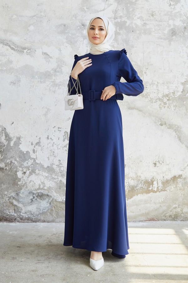 Omuz Volanlı Kemerli Elbise - İndigo