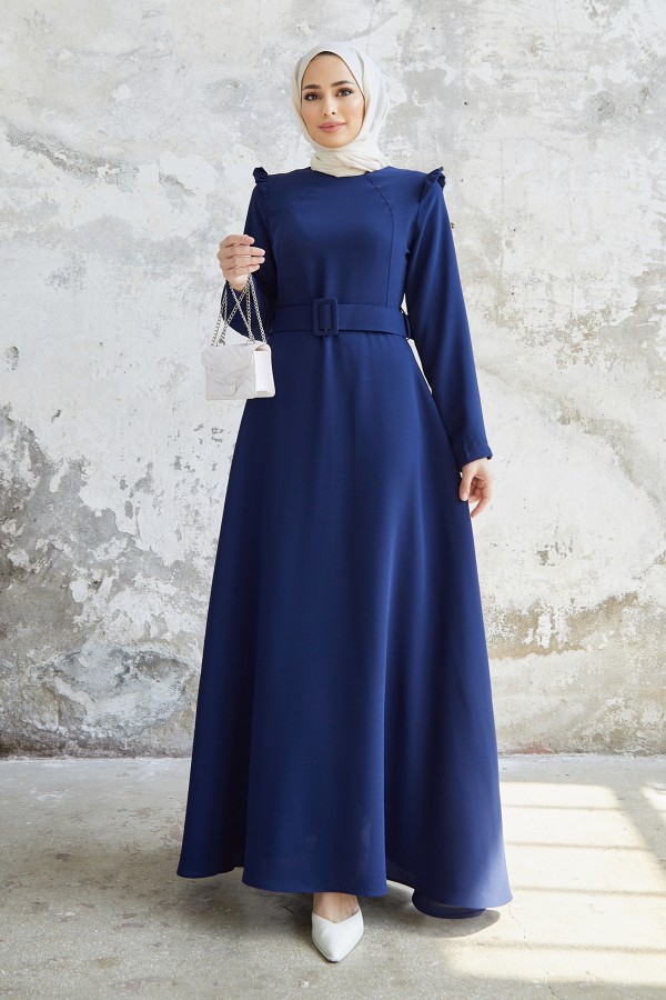 Omuz Volanlı Kemerli Elbise - İndigo
