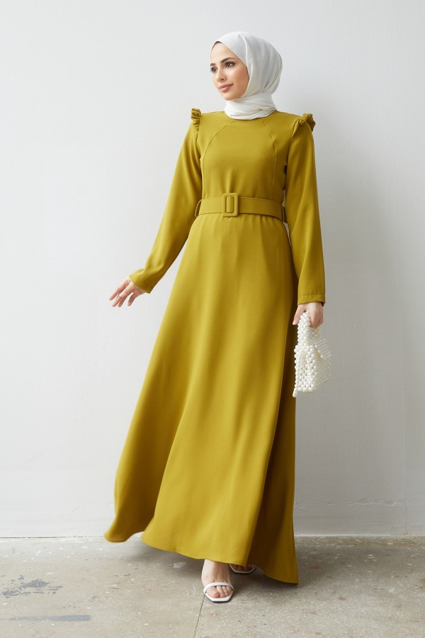 Omuz Volanlı Kemerli Elbise - Yağ Yeşili