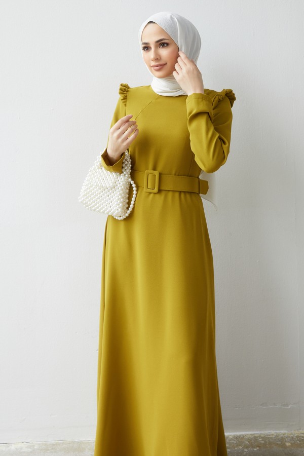 Omuz Volanlı Kemerli Elbise - Yağ Yeşili