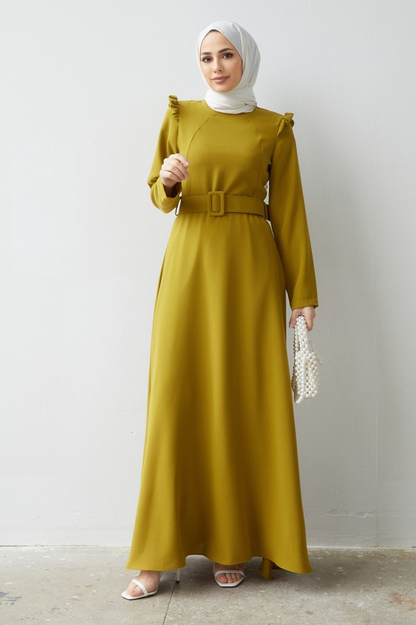 Omuz Volanlı Kemerli Elbise - Yağ Yeşili