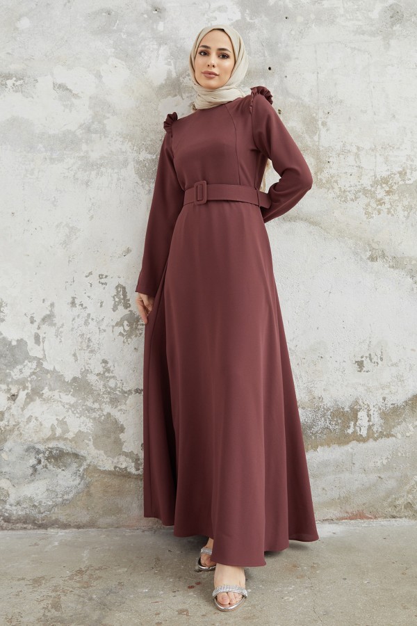 Omuz Volanlı Kemerli Elbise - Gül Kurusu