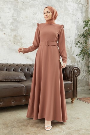 Shoulder Flounce Belt Dress - Camel