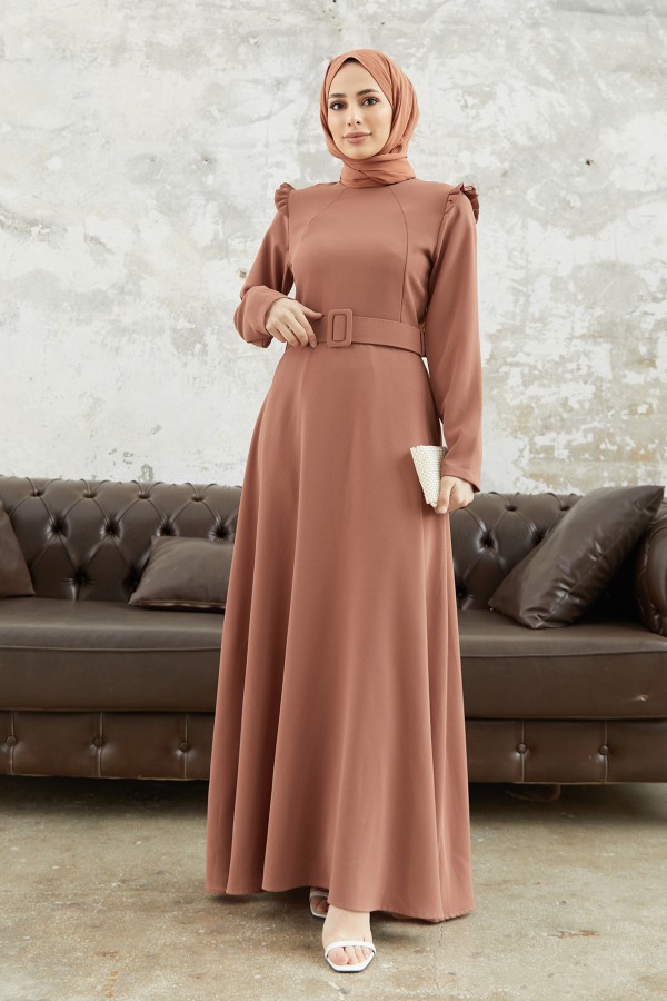 Omuz Volanlı Kemerli Elbise - Camel