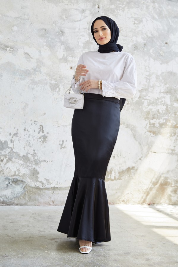 Volanlı Saten Etek - Siyah
