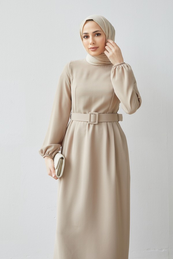 Kemerli Kalem Elbise - Bej