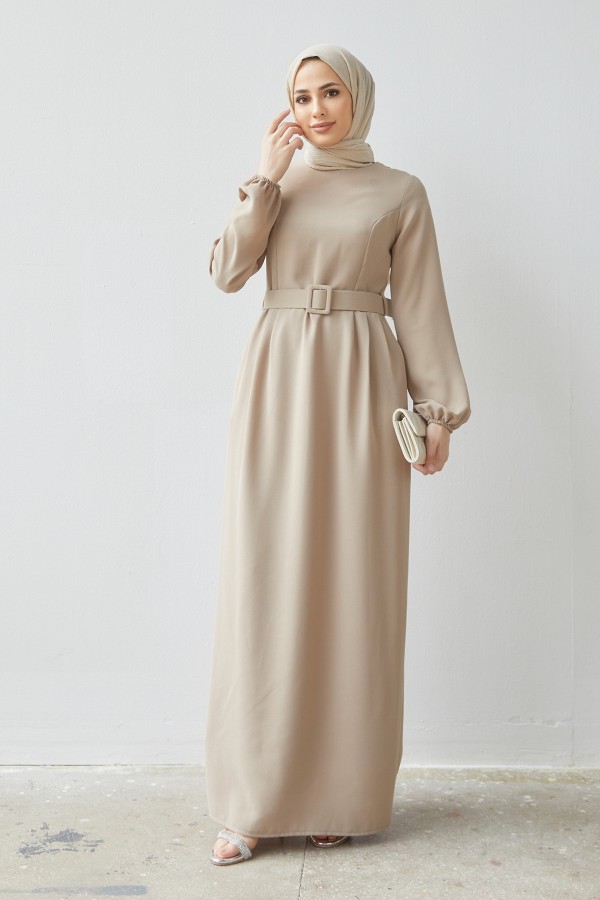 Kemerli Kalem Elbise - Bej
