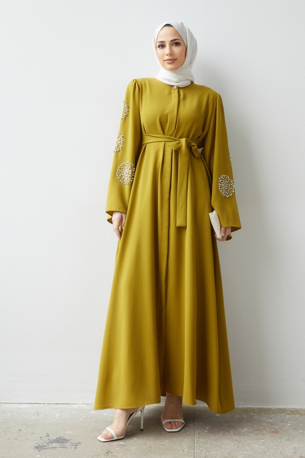 Liva Handles Stone Abaya - Oil Green