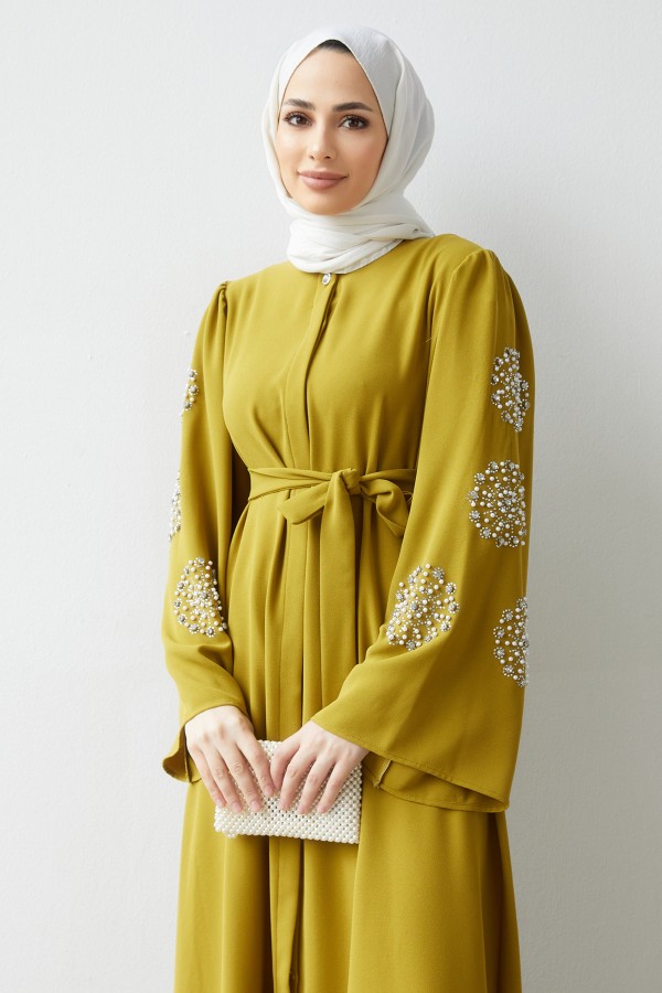Liva Handles Stone Abaya - Oil Green