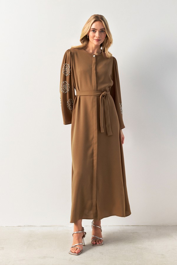 Liva Handles Stone Abaya - Camel
