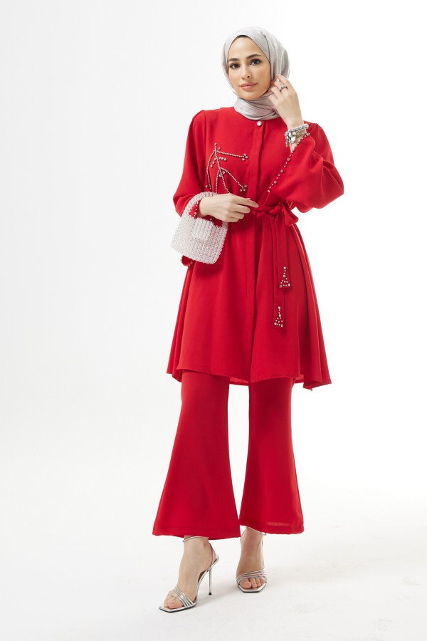 Luna Taş İşlemeli Takım - Kırmızı