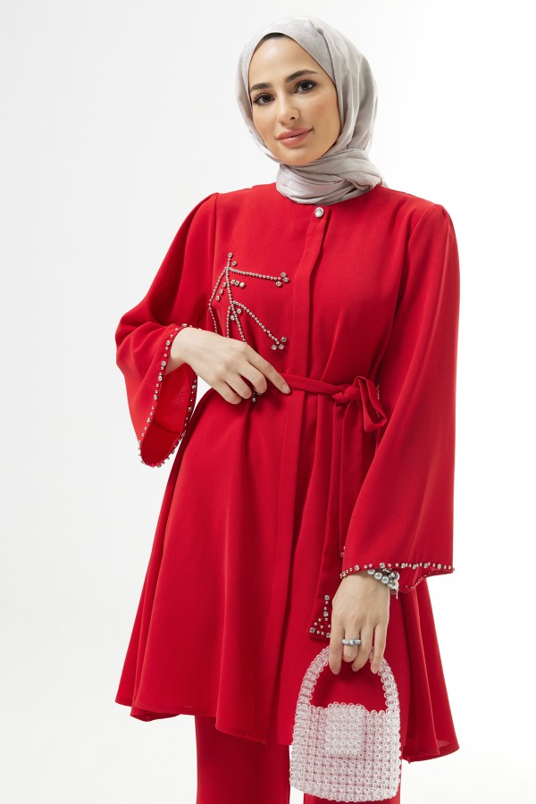 Luna Taş İşlemeli Takım - Kırmızı