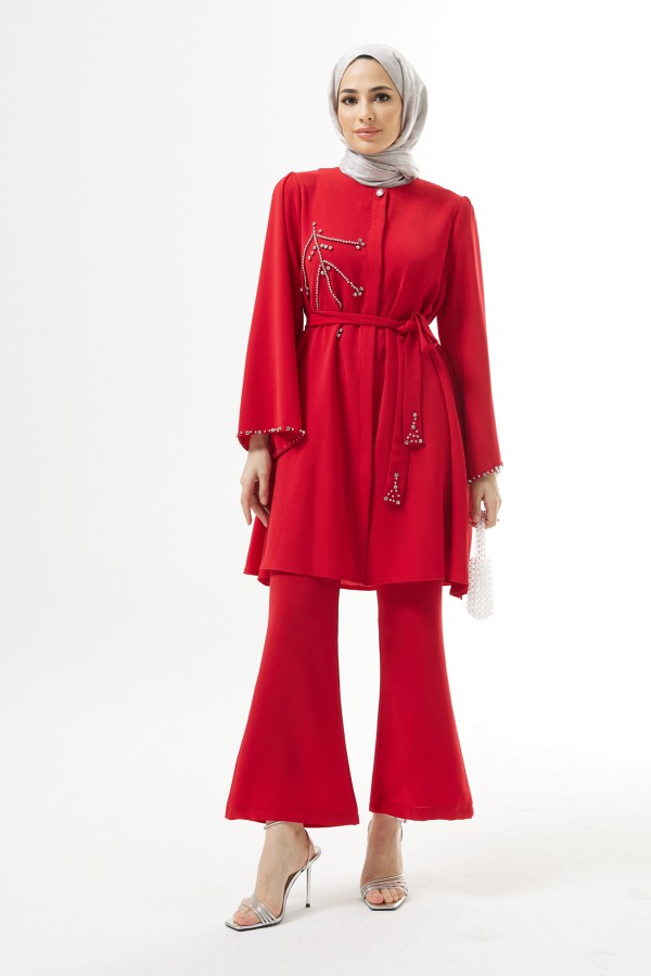 Luna Taş İşlemeli Takım - Kırmızı