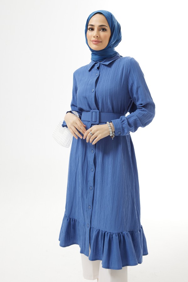 Kemerli Bürümcük Tunik - İndigo