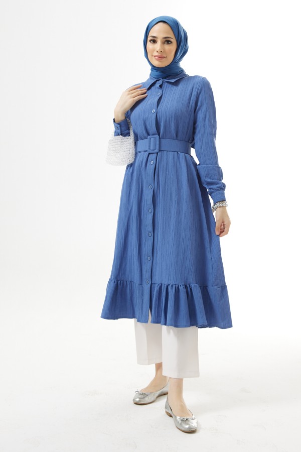 Kemerli Bürümcük Tunik - İndigo