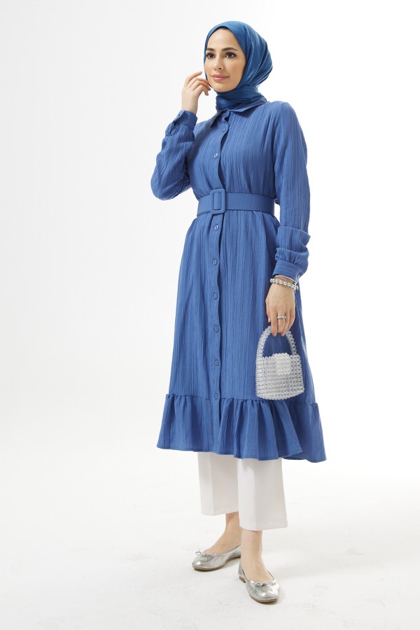 Kemerli Bürümcük Tunik - İndigo