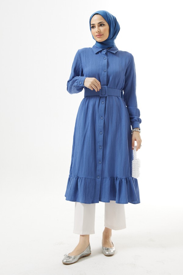 Kemerli Bürümcük Tunik - İndigo