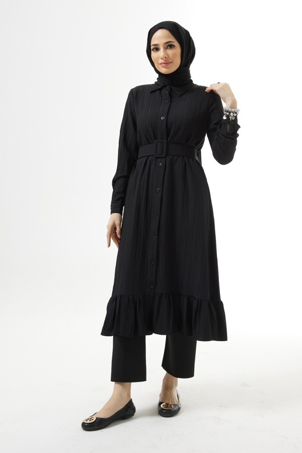 Kemerli Bürümcük Tunik - Siyah