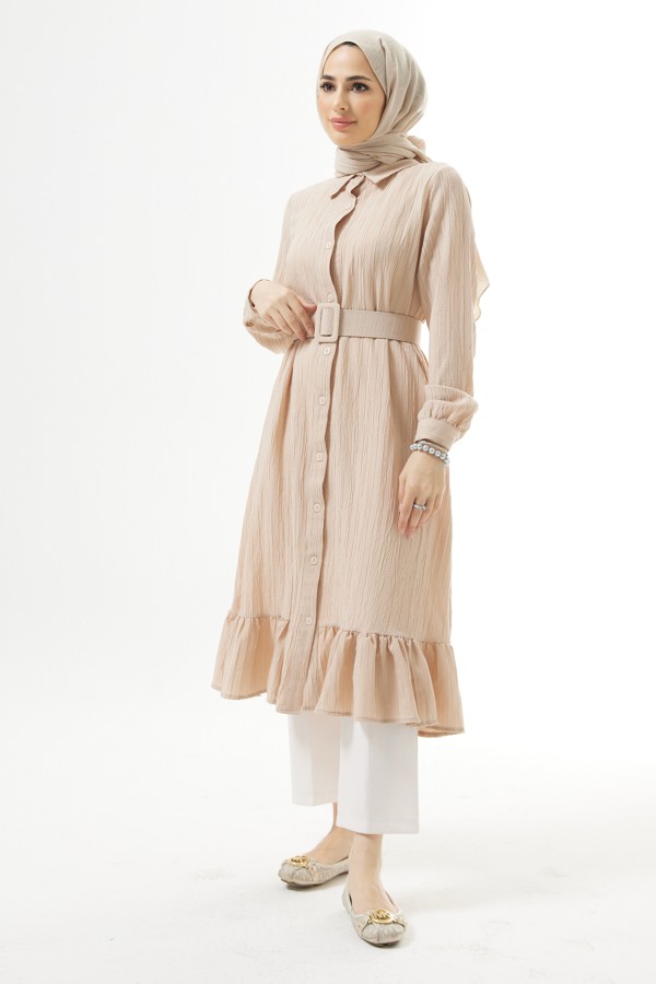 Kemerli Bürümcük Tunik - Bej