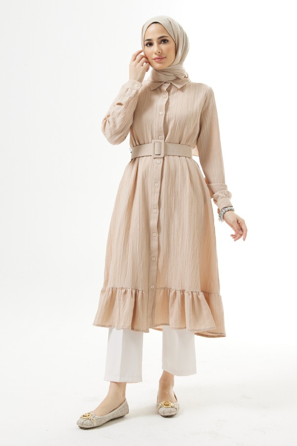 Kemerli Bürümcük Tunik - Bej
