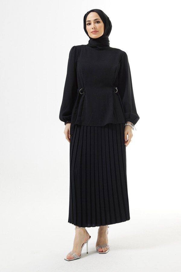 Piliseli Etekli Takım - Siyah