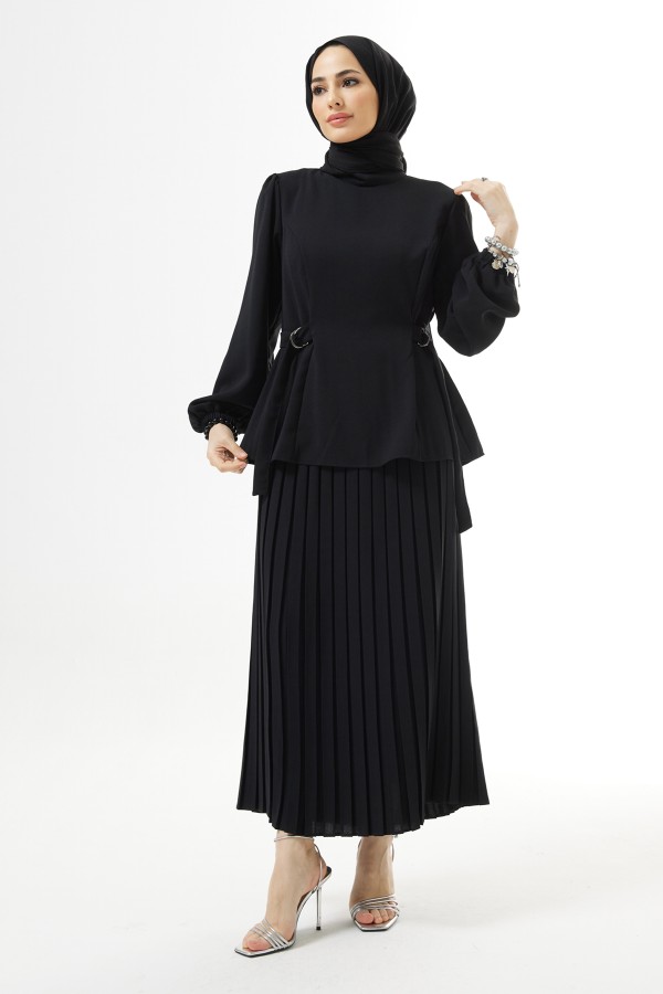 Piliseli Etekli Takım - Siyah