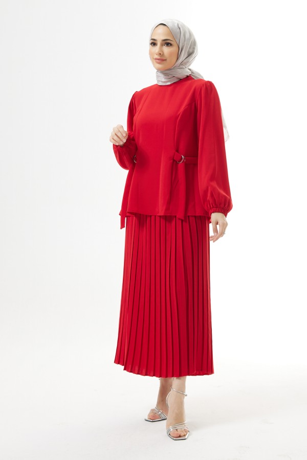 Pleated Skirt Suit - Red
