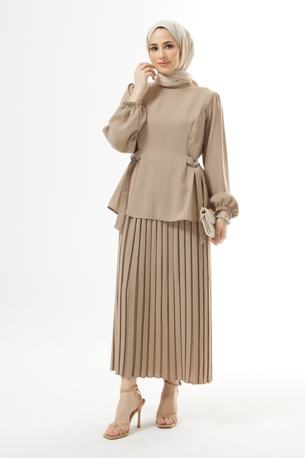 Pleated Skirt Suit - Beige