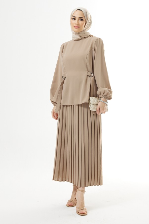 Pleated Skirt Suit - Beige