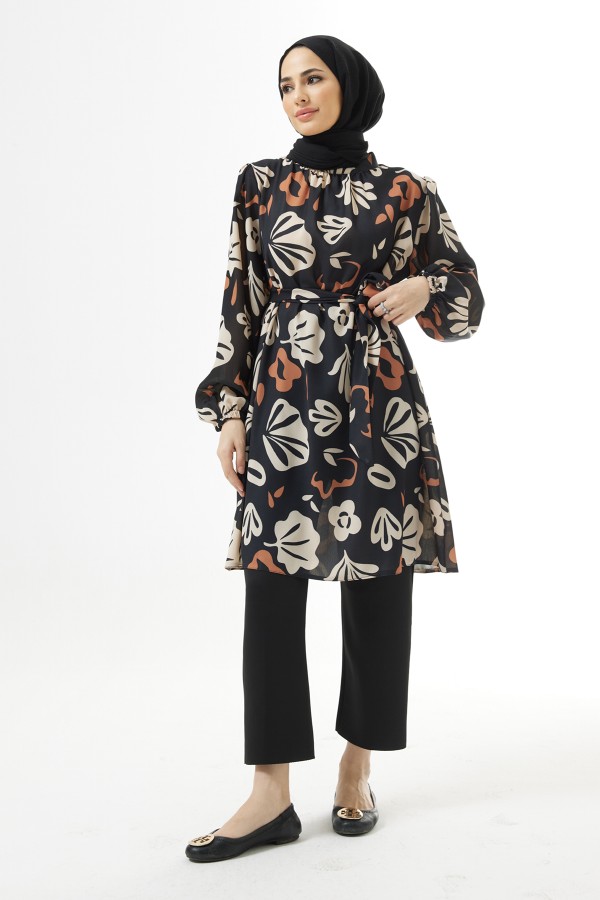 Kuşaklı Desenli Tunik - Siyah