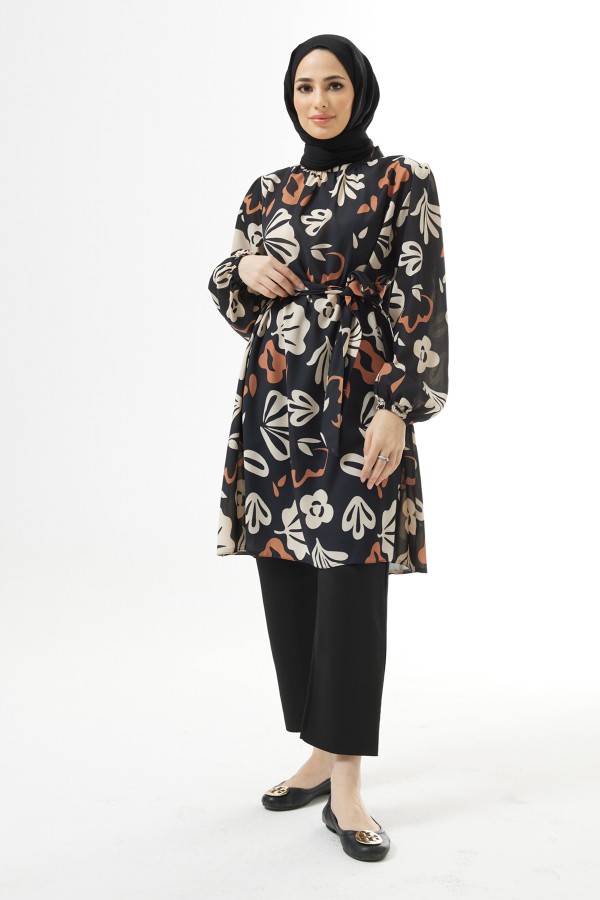 Kuşaklı Desenli Tunik - Siyah
