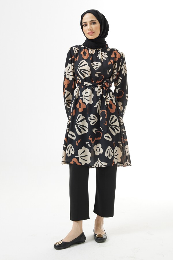 Kuşaklı Desenli Tunik - Siyah