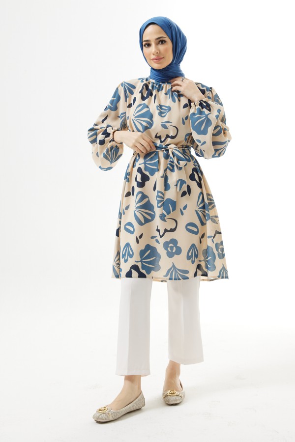 Kuşaklı Desenli Tunik - İndigo