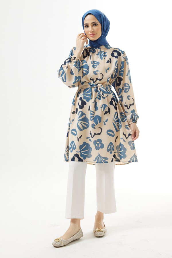 Kuşaklı Desenli Tunik - İndigo