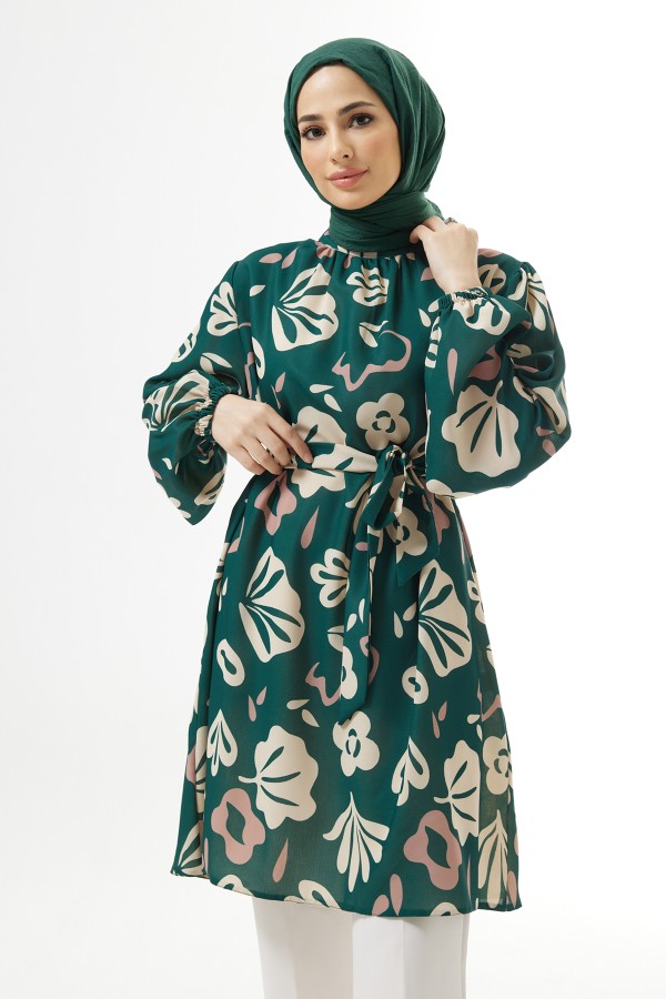Belted Patterned Tunic - Emerald