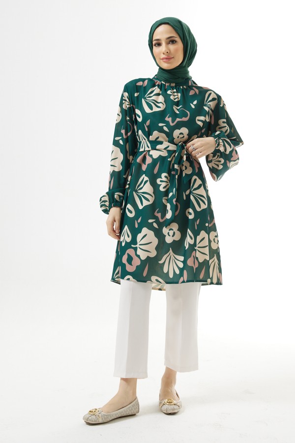 Belted Patterned Tunic - Emerald