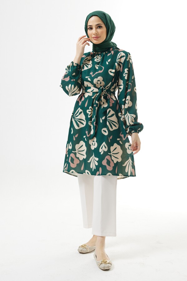 Belted Patterned Tunic - Emerald