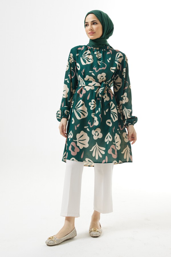 Belted Patterned Tunic - Emerald
