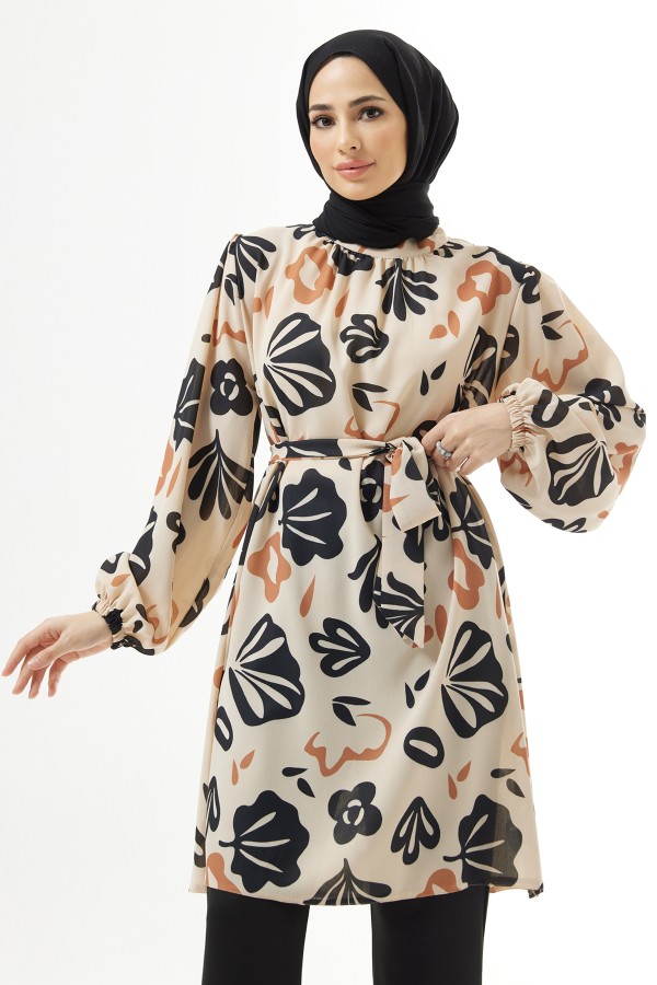 Kuşaklı Desenli Tunik - Bej