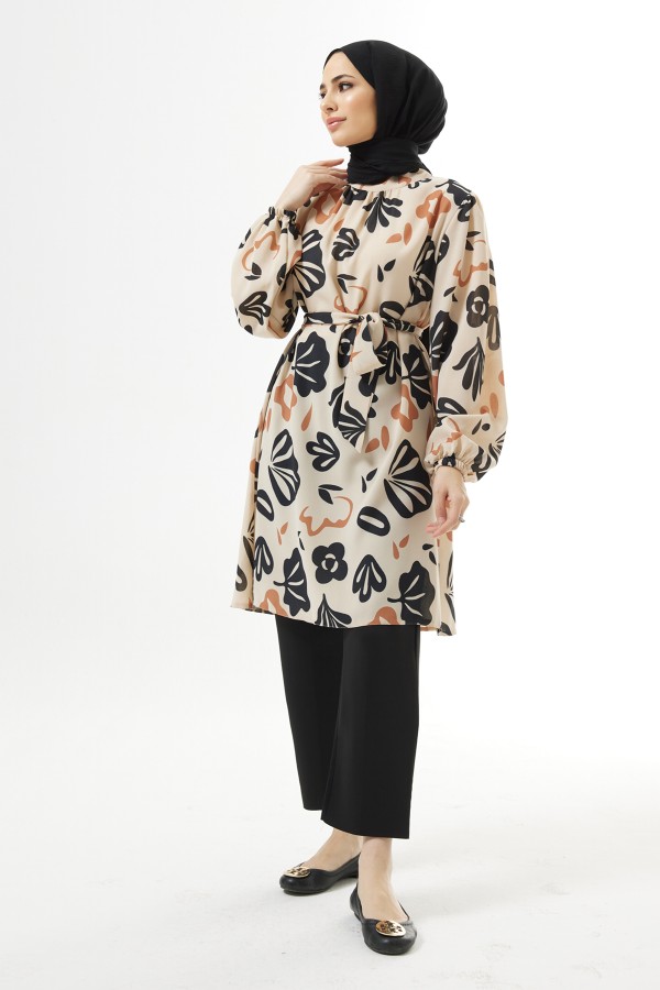 Kuşaklı Desenli Tunik - Bej