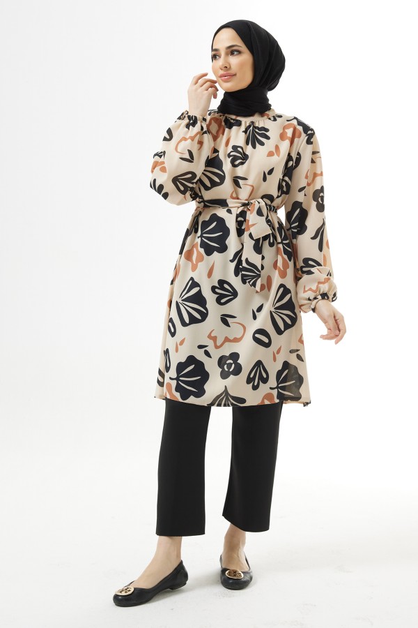 Kuşaklı Desenli Tunik - Bej