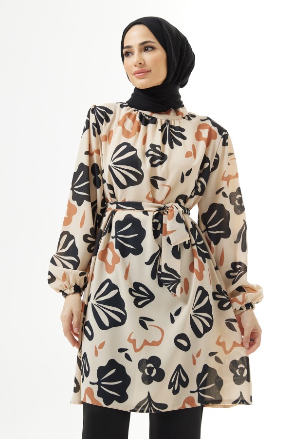 Kuşaklı Desenli Tunik - Bej