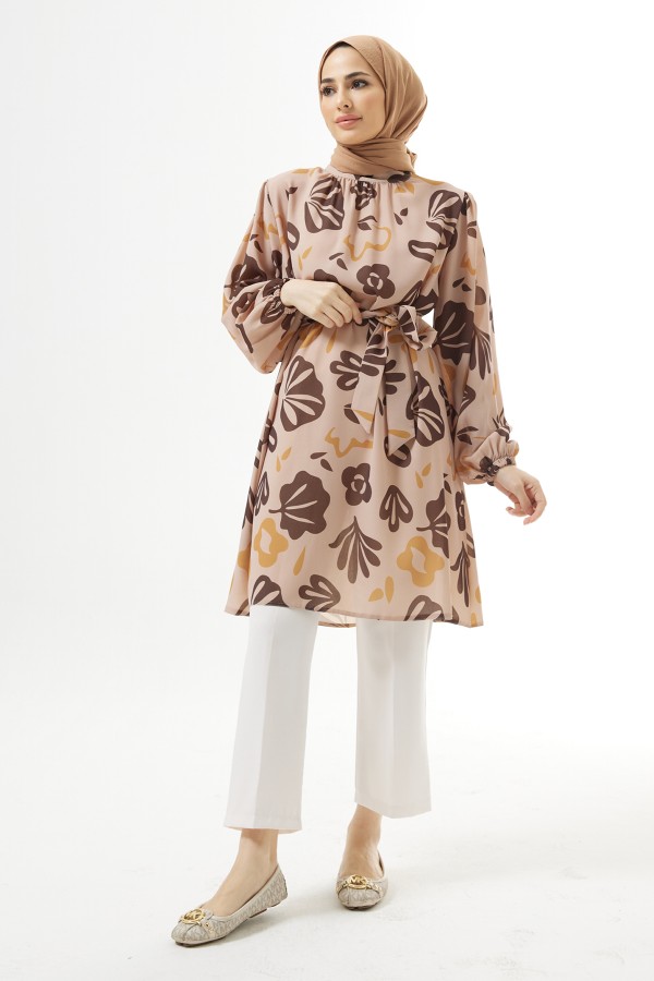 Kuşaklı Desenli Tunik - Vizon