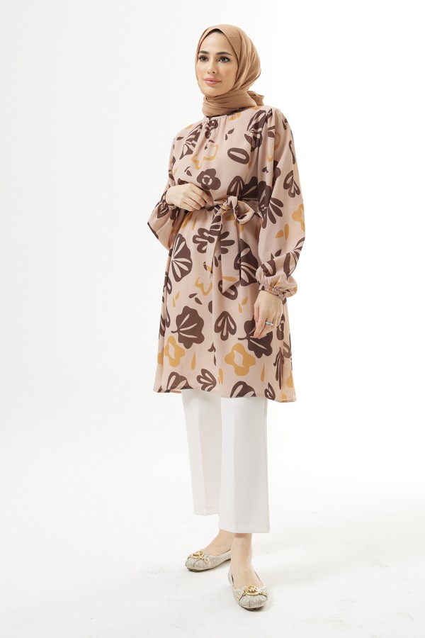 Kuşaklı Desenli Tunik - Vizon