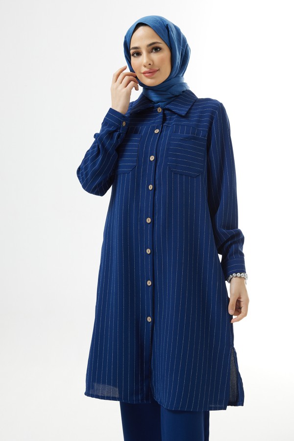 Çizgili Tunik Pantolon Takım - İndigo