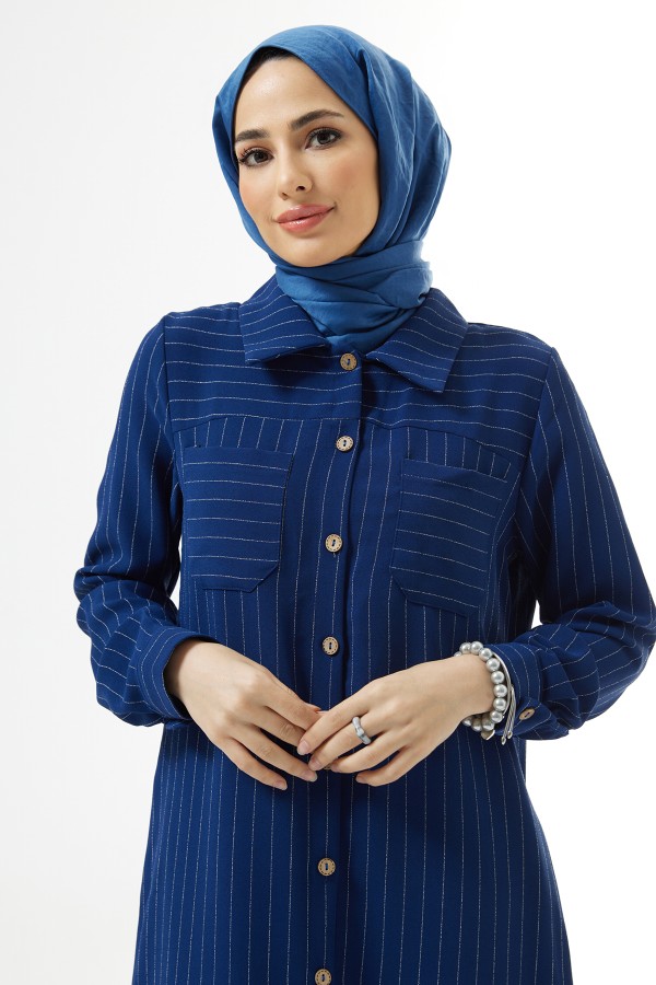 Çizgili Tunik Pantolon Takım - İndigo